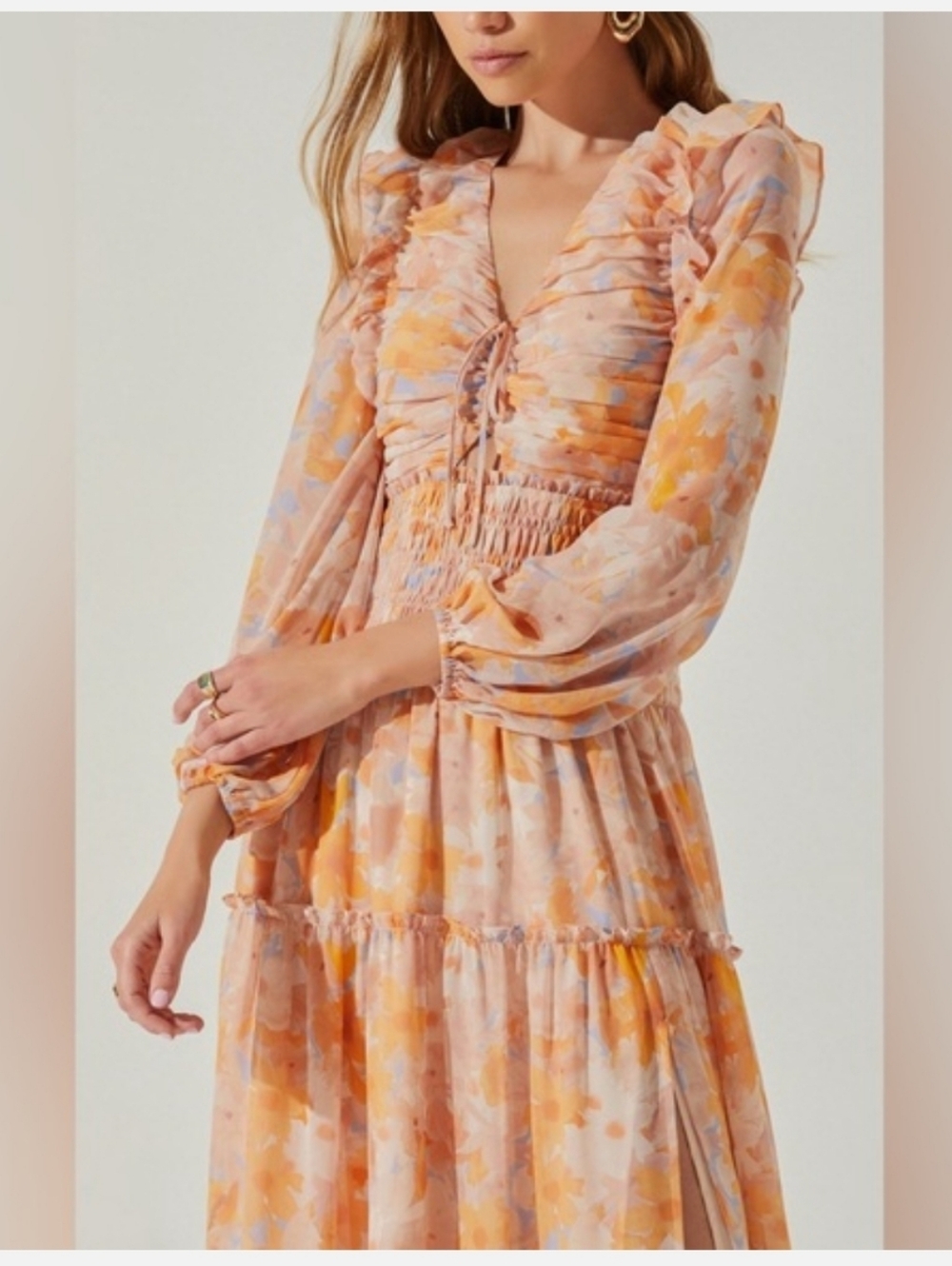 ASTR Floral Tie-Front Long Sleeve Midi Dress in Peach